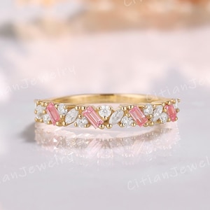 Unique Baguette Cut Pink Sapphire Wedding Ring Yellow Gold Moissanite Half Eternity Ring Wedding Band Promise Ring Anniversary Gift for Her