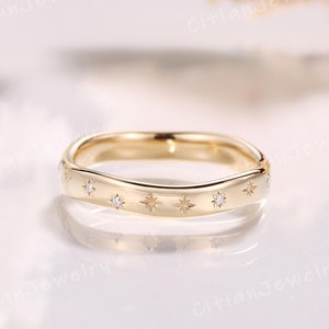 Unique Star Moissanite Curved Wedding Ring Yellow Gold Star Ring Moissanite Wedding Band Anniversary Ring Custom Promise Ring for Women