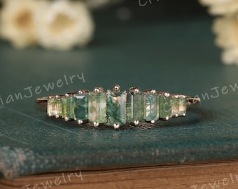 Vintage Baguette Cut Moss Agate Wedding Ring Rose Gold Handmade Ring Moss Agate Wedding Band Custom Promise Ring Anniversary Rings For Women