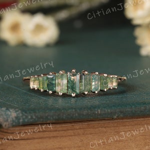 Vintage Baguette Cut Moosachat Ehering Rosegold Handgemachter Ring Moosachat Ehering Benutzerdefinierte Versprechen Ring Jubiläumsringe für Frauen