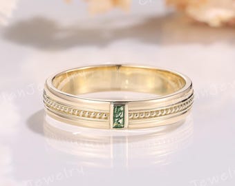 Minimalist Baguette Cut Moss Agate Wedding Band Solid Gold Milgrain Ring Men's Ring Handmade Ring Anniversary Ring Promise Rings for Men
