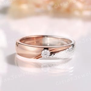 Two Tone Moissanite Wedding Band White Gold Rose Gold Hammered Wedding Ring Handmade Ring Promise Ring Anniversary Ring for Couple