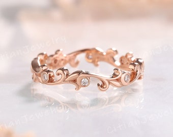 Anillo de boda Art Deco de moissanita con forma de hoja de parra en oro rosa, anillo hecho a mano, anillo de bodas, anillo de aniversario, anillos de promesa personalizados para mujeres