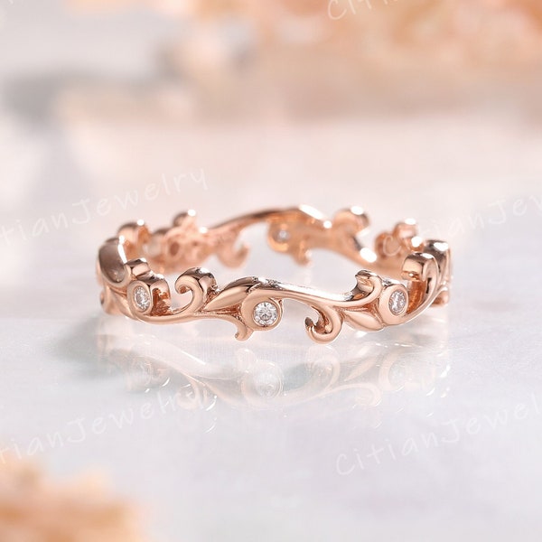 Art Deco Moissanite Wedding Band Rose Gold Vine Leaf Ring Handmade Ring Wedding Ring Anniversary Ring Custom Promise Rings For Women