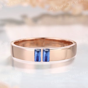 Unique Baguette Cut Blue Sapphire Straight Wedding Band Rose Gold Handmade Ring Wedding Ring Promise Ring Anniversary Gift for Couple
