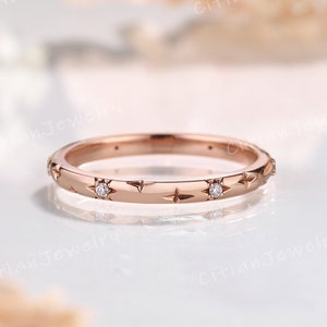 Unique Star Moissanite Wedding Band Rose Gold Star Ring Wedding Ring Matching Ring Starburst Ring Promise Ring Anniversary Rings for Women