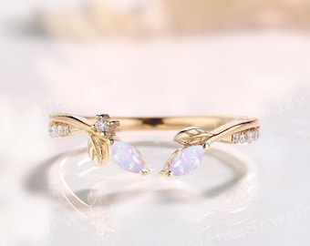 Unique Marquise Cut Opal Open Wedding Ring Yellow Gold Leaf Ring Wedding Band Handmade Ring Promise Ring Anniversary Gift for Her