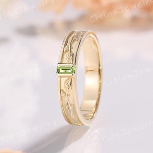 Vine Design Baguette Cut Peridot Wedding Band 10k 14k Solid Gold Leaf Ring Wedding Ring Custom Ring Promise Ring Anniversary Rings for Men