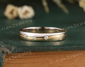 Unique Two Tone Moissanite Wedding Band White Gold and Yellow Gold Handmade Ring Wedding Ring Promise Ring Anniversary Rings for Women