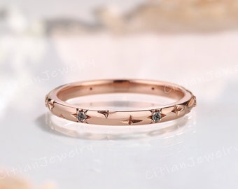 Anillo de boda único con forma de estrella, sal y pimienta, diamantes, oro rosa, hecho a mano. Anillo de promesa, regalo de aniversario para ella.