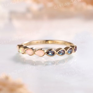 Unique Marquise Cut Opal Wedding Band Yellow Gold Half Eternity Wedding Ring Alexandrite Anniversary Ring Custom Promise Rings For Women