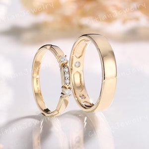 2pcs Moissanite Couple Ring Set Yellow Gold Handmade Ring Wedding Band Set Matching Ring Promise Ring Anniversary Gifts for Couple