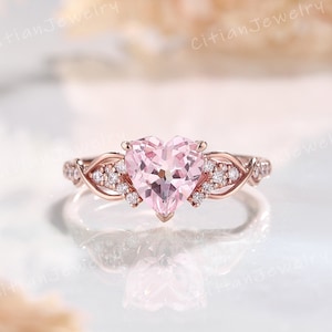 Unikalny pierścionek zaręczynowy z różowym szafirem w szlifie serca, pierścionek z różowego złota z motywem winorośli, obrączka ślubna, spersonalizowany pierścionek obietnicy, pierścionki rocznicowe dla kobiet