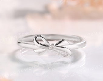 Minimalist Straight Bow Women&#39;s Wedding Band White Gold Bow Ring Handmade Ring Wedding Ring Custom Promise Ring Anniversary Rings For Women