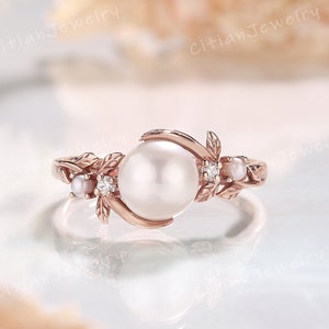 Unique Akoya Pearl Engagement Ring Yellow Gold Leaf Ring Moissanite Wedding Ring Handmade Ring Promise Ring Anniversary Rings for Women