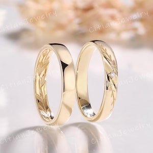 Art Deco Blatt Moissanit Paarring Gelbgold Blattring Handgemachte Ring Set Jubiläumsring Benutzerdefinierte Versprechensring für Paar