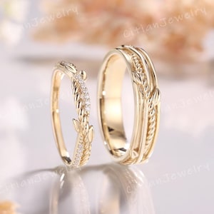 Einzigartiger Blattring 2 Stück Paar Ring Set Gelbgold Twisted Ring Moissanite Hochzeit Band Set Versprechen Ring Jahrestag Geschenke für Paar