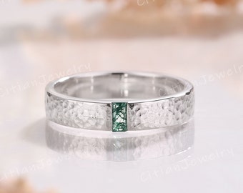 Art Deco Hammered Baguette Cut Moss Agate Wedding Band White Gold Matching Ring Men&#39;s Wedding Ring Promise Ring Anniversary Rings for Men