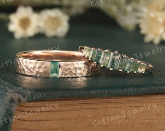 2pcs Baguette Moss Agate Couple Rings Set Rose Gold Men's Wedding Band Matching Rings Set Hammered Ring Custom Promise Rings for Couples