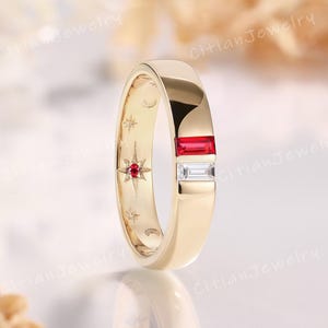 Alliance deux pierres taille baguette rubis Moissnaite, 4 mm, bague en or, étoile lune, pierre de naissance, bague de promesse personnalisée, cadeau d'anniversaire pour couple