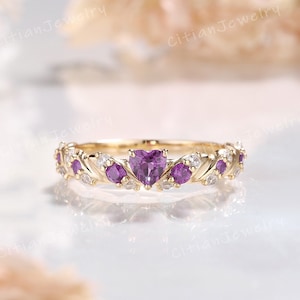 Art Deco Heart Cut Amethyst Engagement Ring Yellow Gold Handmade Ring Moissanite Twisted Ring Wedding Ring Anniversary Gift for Her