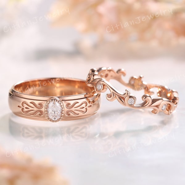2pcs Moissanite Couple Ring Set Rose Gold Vine Leaf Ring Wedding Band Set Handmade Ring Anniversary Rings Custom Promise Gift for Couple