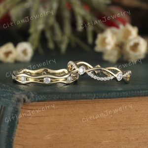 2pcs Moissanite Couple Ring Yellow Gold Wedding Band Set Bezel Ring Wave Couple Ring Set Custom Promise Ring Anniversary Rings For Couple
