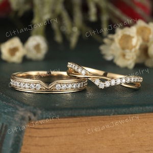 Art Deco Moissanite Couple Ring Set Yellow Gold Vine Ring Wedding Band Set Couple Ring Promise Ring Anniversary Rings for Men and Women