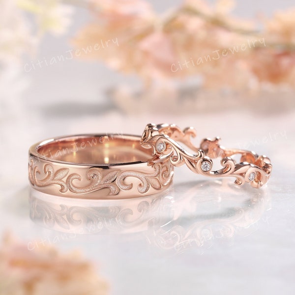 2pcs Moissanite Couple Ring Rose Gold Vine Leaf Ring Wedding Band Set Handmade Ring Stacking Ring Custom Promise Ring Anniversary Ring Set