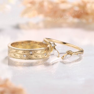 Art Deco Leaf Moissanite Couple Ring Set Yellow Gold Leaf Ring Wedding Band Set Anniversary Ring Custom Promise Rings for Men and Women