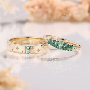 2pcs Baguette Cut Moss Agate Couple Ring Solid Gold Star Ring Wedding Band Set Matching Ring Set Anniversary Ring Promise Ring for Couple