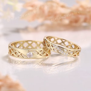 Art Deco Moissanite Wedding Band Set Yellow Gold Handmade Ring Couple Ring Set Anniversary Ring Custom Promise Rings for Men and Women