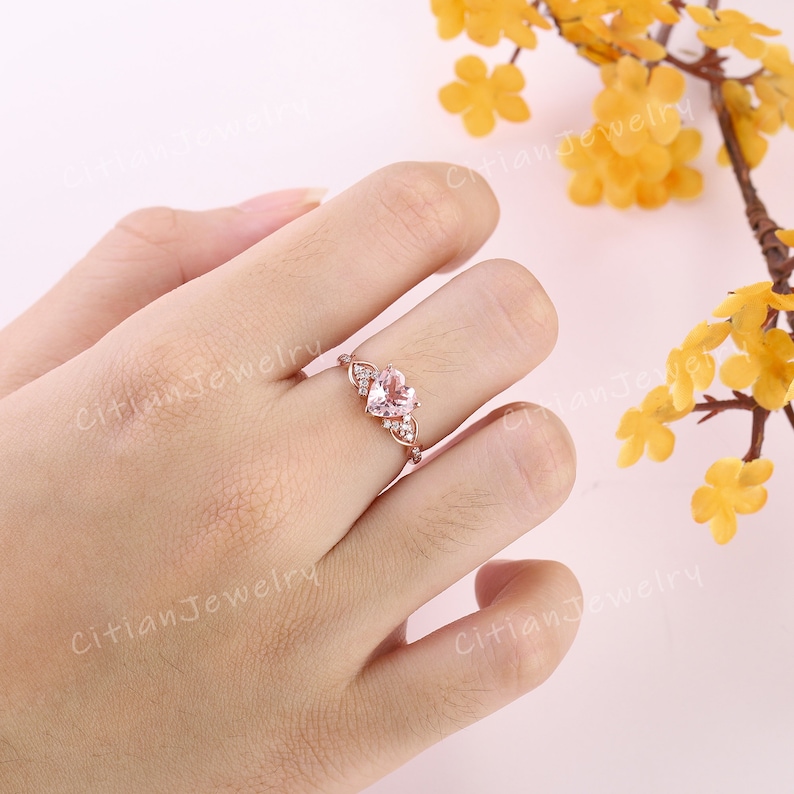 Unique Heart Cut Pink Sapphire Engagement Ring Rose Gold Vine Ring ...