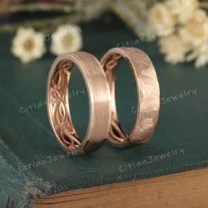 Minimalist Straight Wedding Band Set Rose Gold Couple Ring Set Hammered Ring Wedding Ring Set Anniversary Ring Matching Rings For Couples