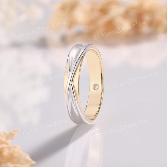 Minimalist Two Tone Ring Moissanite Wedding Band Solid Gold Twisted Ring Handmade Ring Custom Promise Ring Anniversary Gift for Him