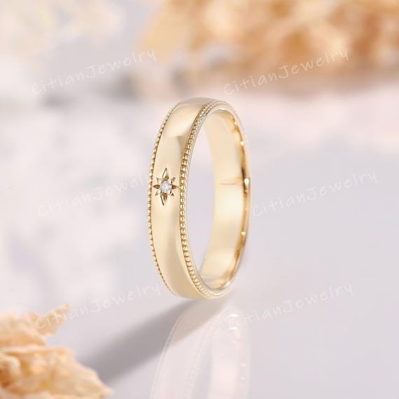Milgrain Star Ring Round Cut Moissanite Men's Wedding Ring Solid Gold Star Ring Wedding Band Custom Promise Ring Anniversary Gift for Him