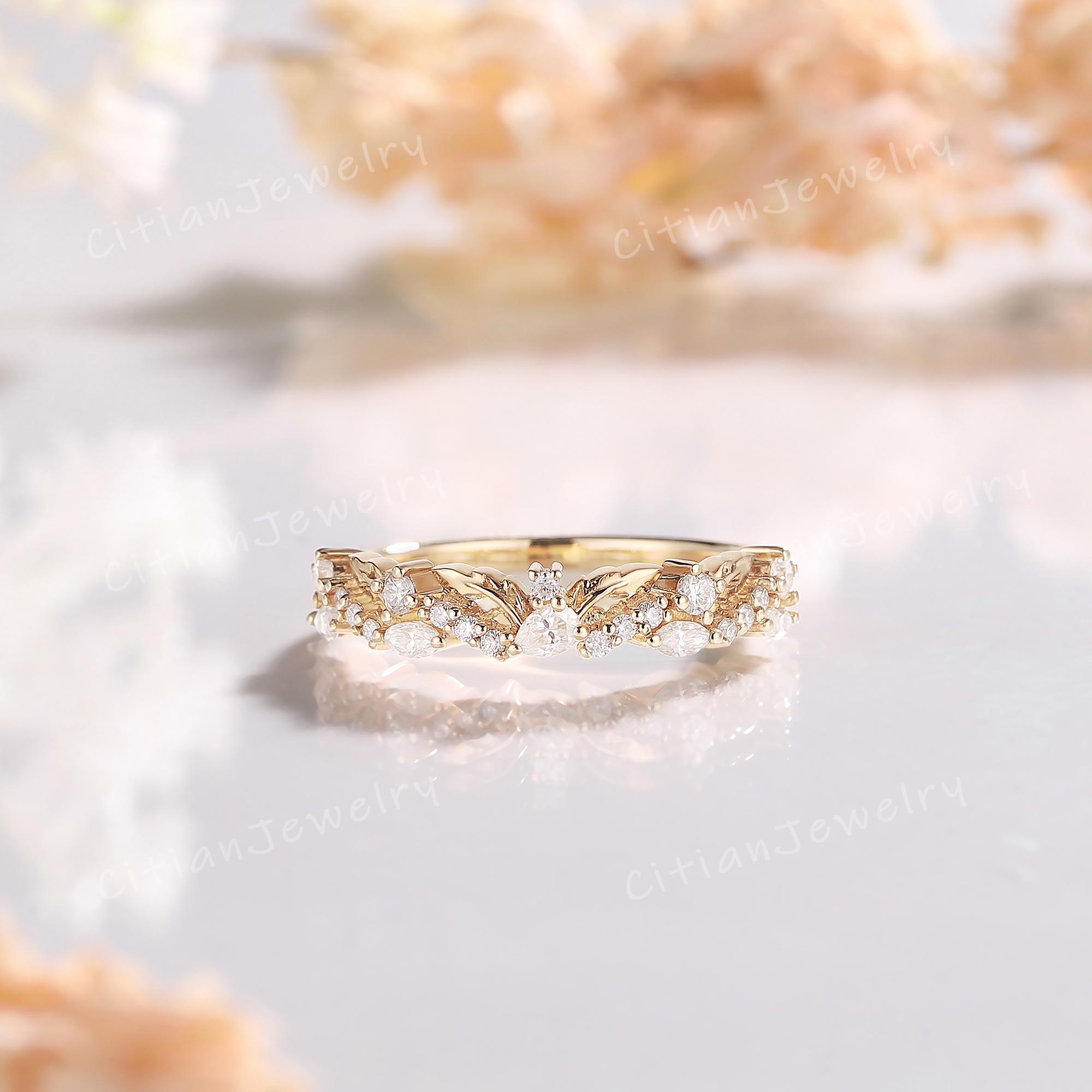 Anillo de boda Art Deco con forma de hoja y corte de pera de moissanita, anillo de compromiso de oro amarillo con racimo de moissanita, regalo de aniversario para ella