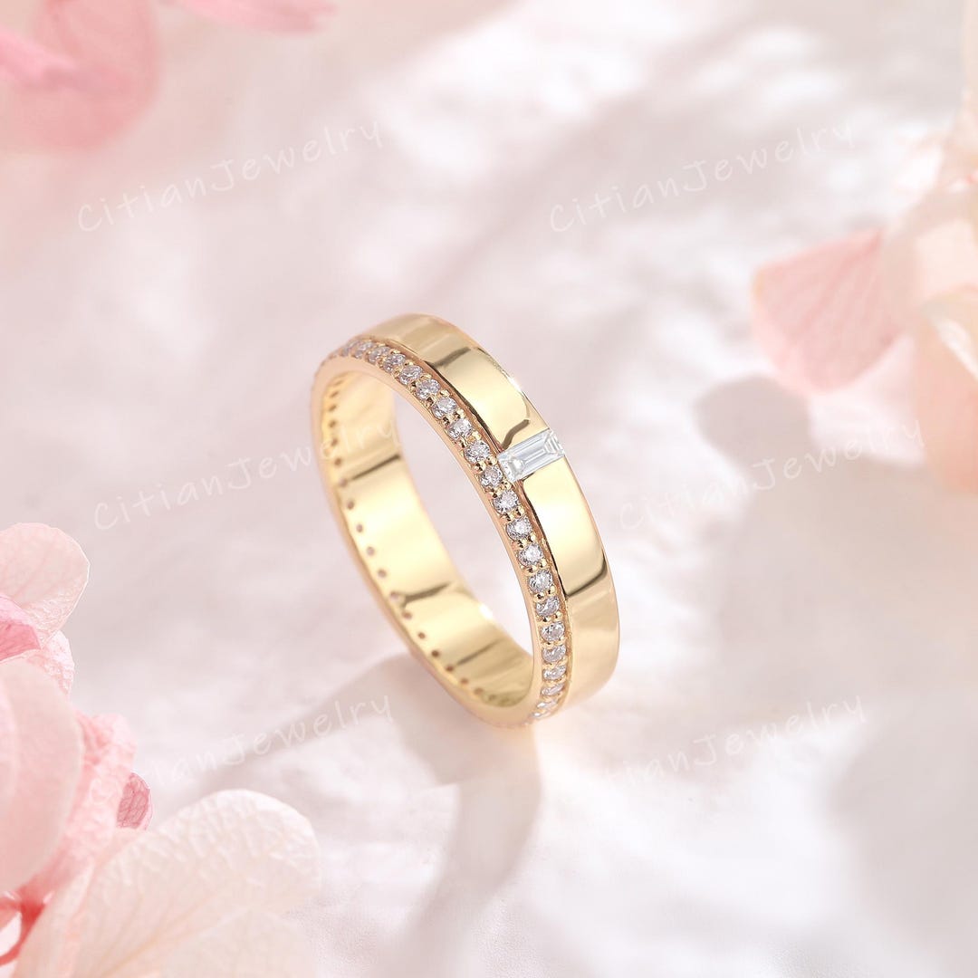 14k Gold Baguette Cut Moissanite Wedding Band Yellow Gold Eternity Ring ...