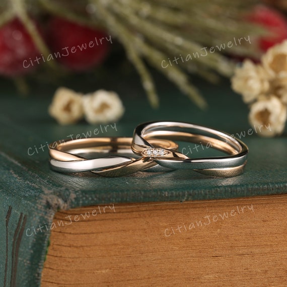 2pcs Two Tone Couple Ring Set Rose Gold White Gold Twisted Ring Couple Ring  Handmade Ring Anniversary Ring Custom Promise Gift For Couple