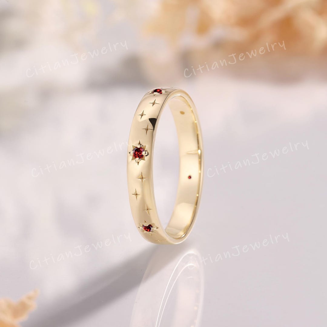 Unique Ruby Wedding Band Solid Gold Star Ring Eternity Ring Wedding ...