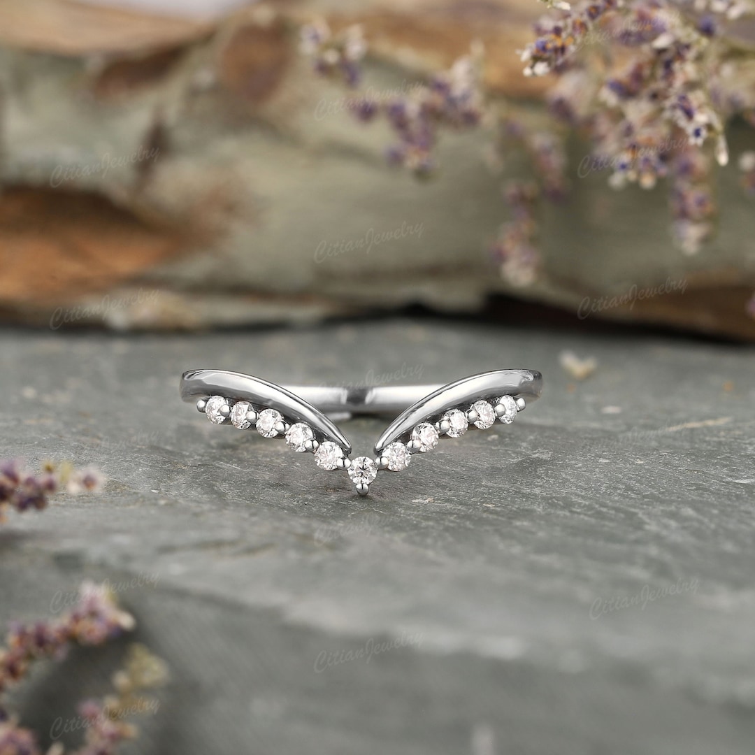 Curve Wedding Band Plain White Gold Band Unique Moissanite Wedding Ring