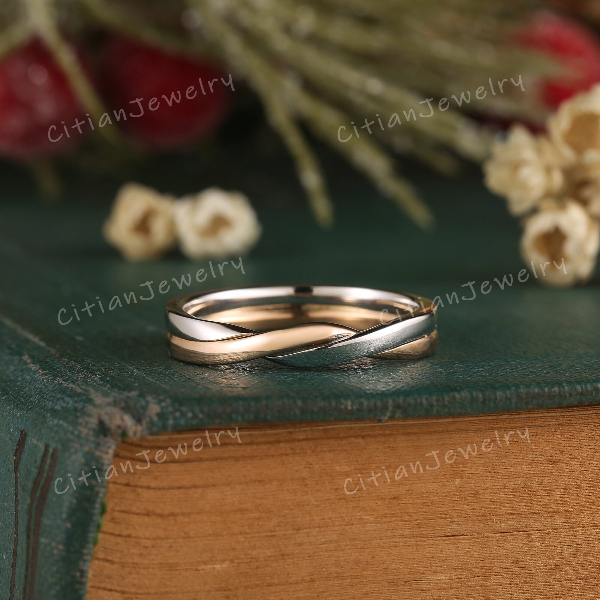 Minimalist Two Tone Wedding Ring Rose Gold White Gold Twisted Ring Wedding Band Handmade Ring Custom Promise Ring Anniversary Rings For Men