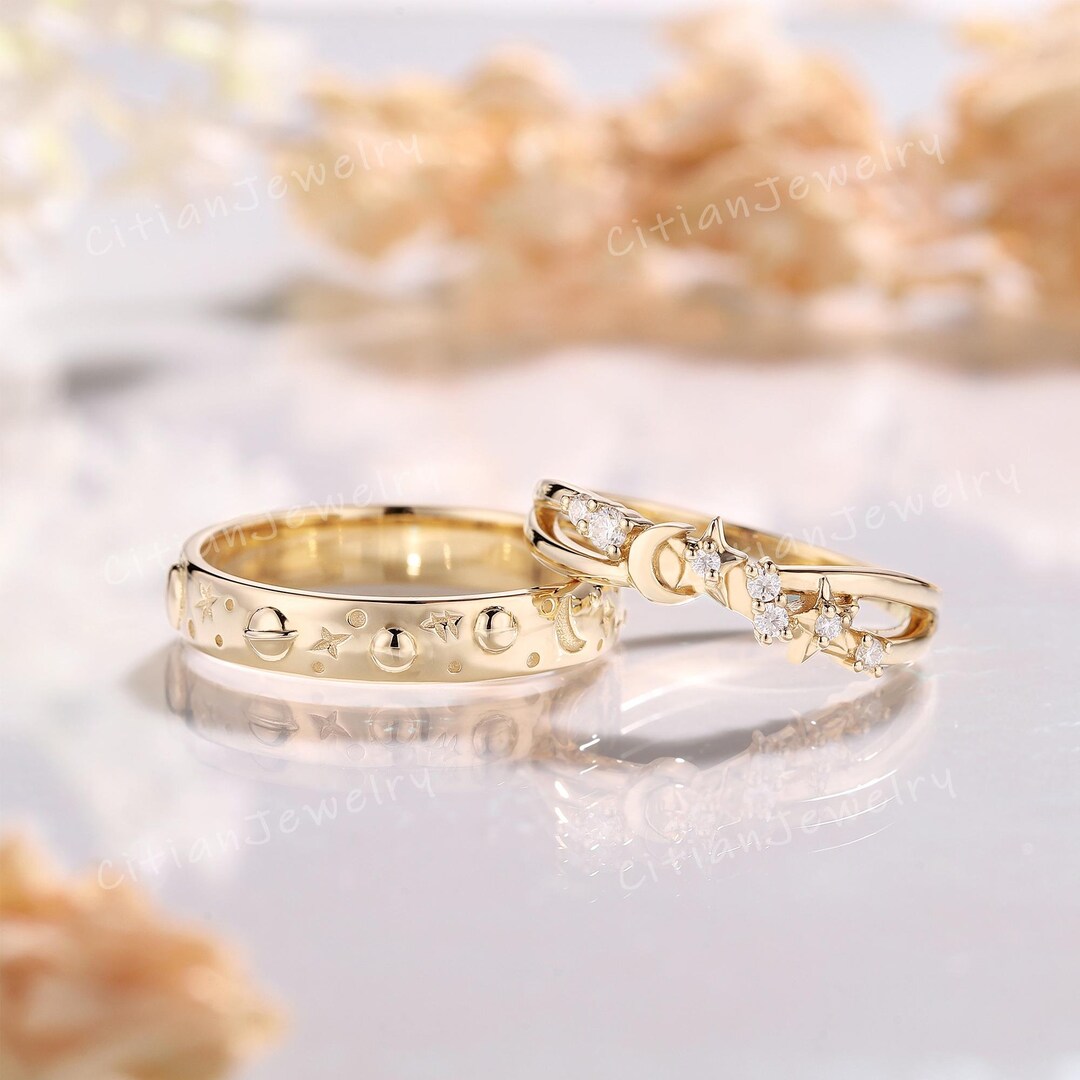 Unique Star Round Cut Moissanite Wedding Band Set Yellow Gold Moon Ring ...