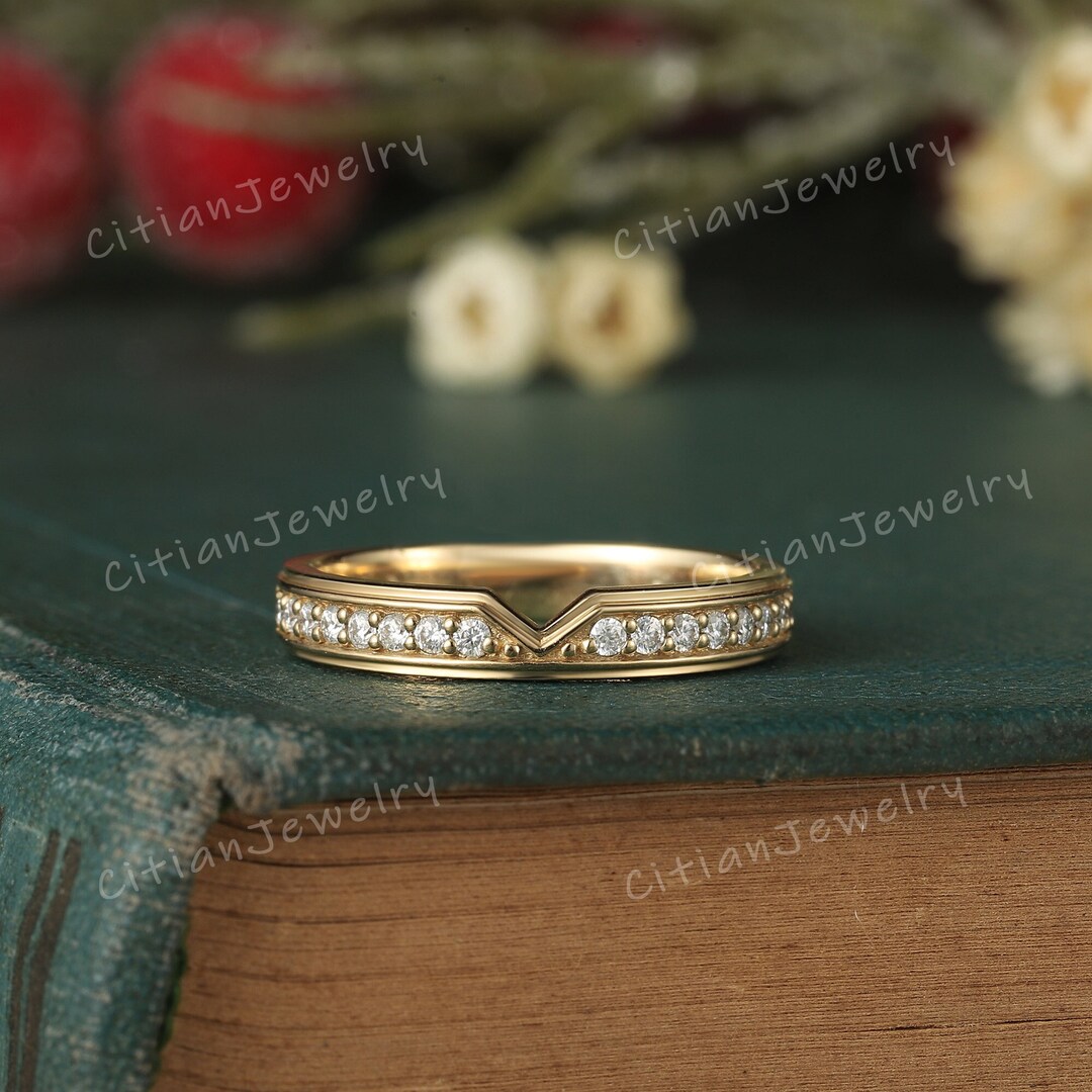 Unique Moissanite Wedding Band Yellow Gold Half Eternity Wedding Ring ...