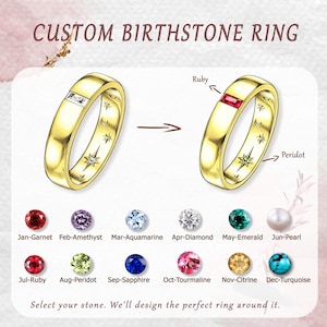 May include: Illustration of a gold custom birthstone ring with a diamond and ruby. The image shows a selection of birthstones: garnet, amethyst, aquamarine, diamond, emerald, pearl, ruby, peridot, sapphire, tourmaline, citrine, and turquoise.