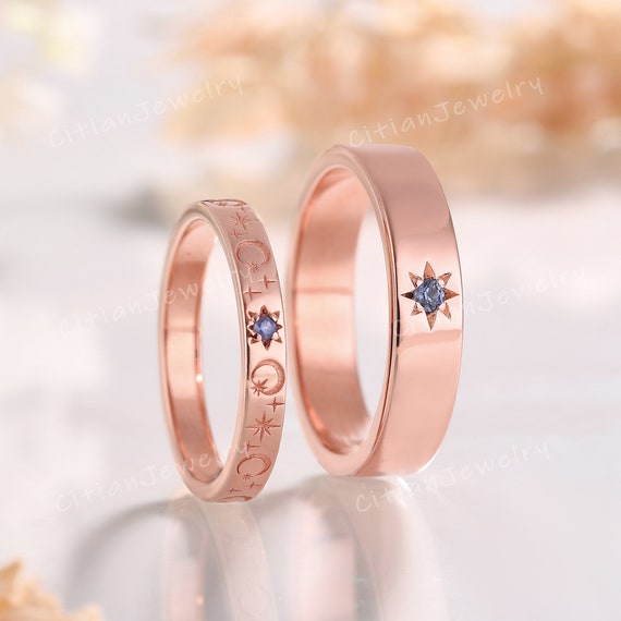 Unique Star Moon Blue Sapphire Couple Ring Set Rose Gold Matching Ring Wedding Band Set Custom Promise Ring Anniversary Gift for Couple