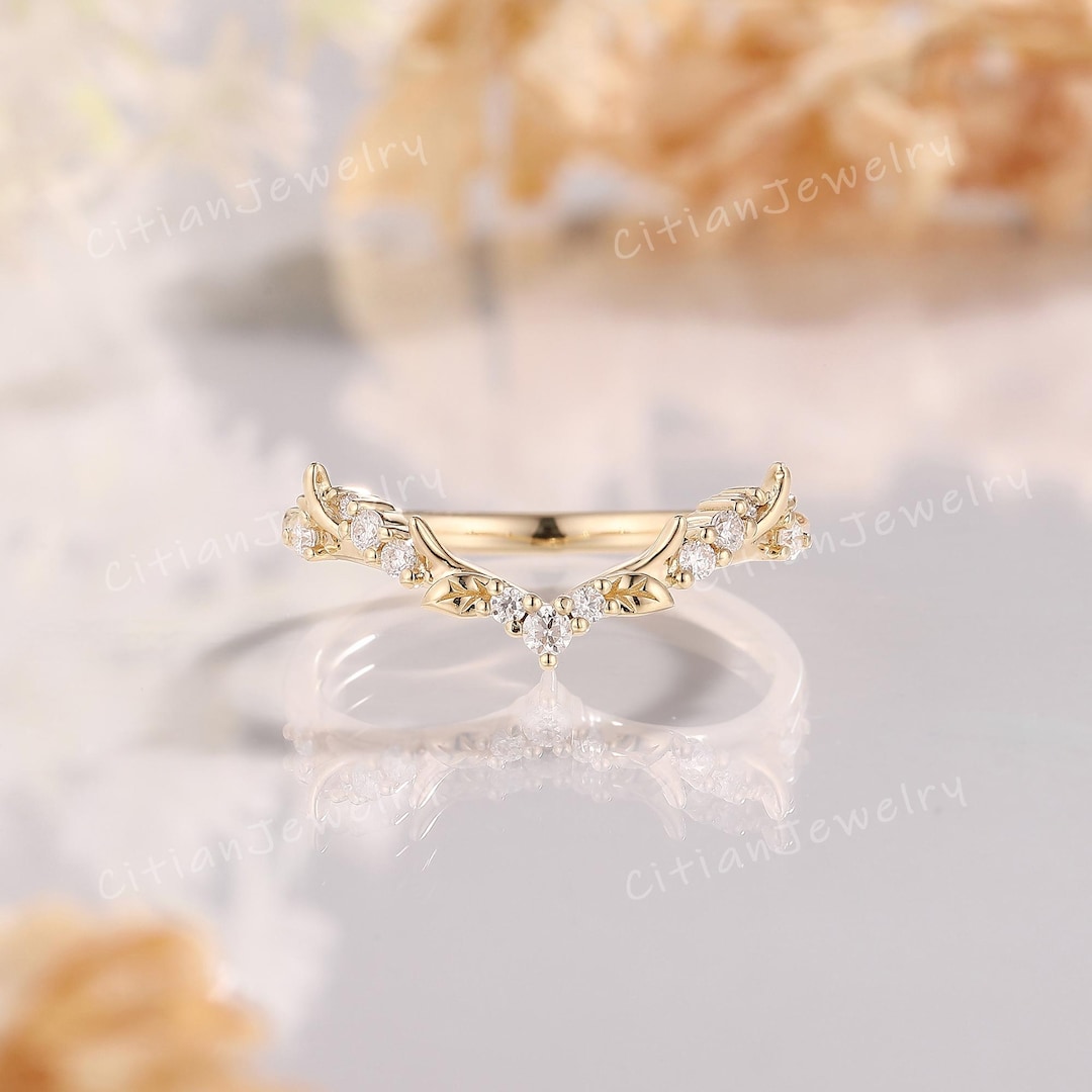 Art Deco Moissanite Curved Wedding Band Yellow Gold Leaf Ring Antler ...