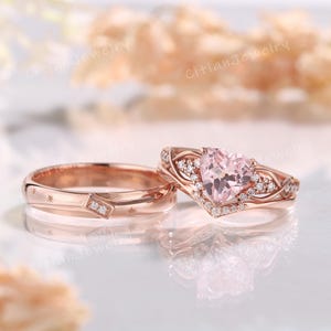 3Pcs Star Heart Cut Pink Sapphire Couple Ring Set Rose Gold Moissanite Vine Ring Wedding Band Set Promise Ring Anniversary Gift for Couple