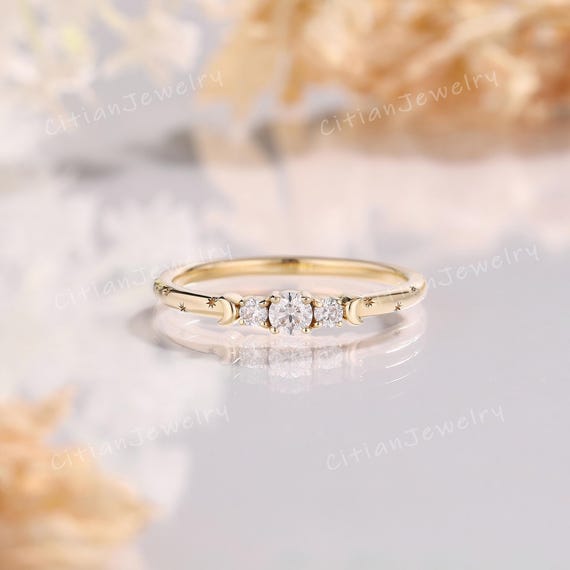 Unique Moon Design Moissanite Wedding Band Solid Gold Star Ring Wedding Band Stacking Matching Ring Promise Ring Anniversary Rings for Women