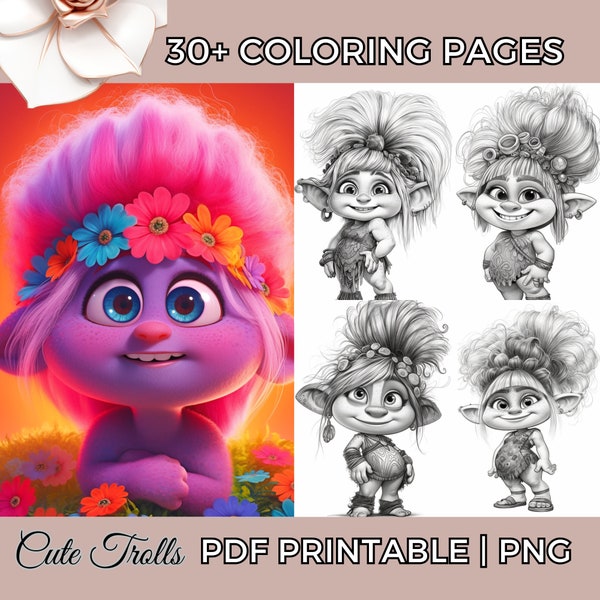 Magical Enchanted Cute Trolls Realistic Grayscale Fantasy Coloring Book Poster Sheet Page Bundle For Adults/Teens, PNG Digital Printable PDF